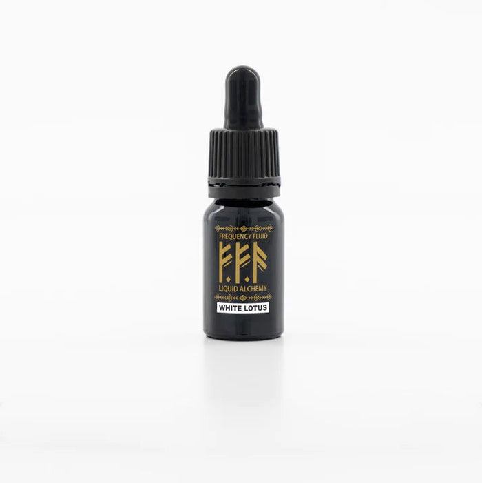 Black dropper bottle with gold label on a white background
